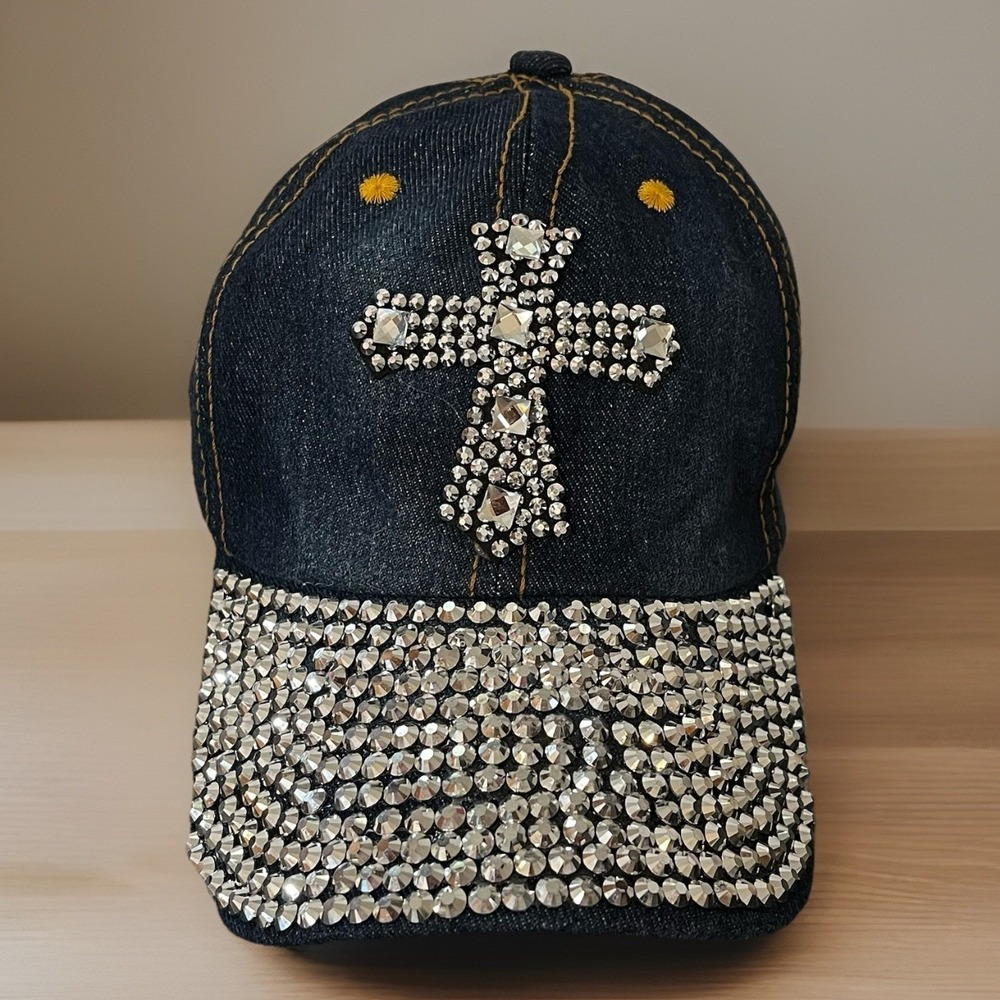 Rhinestone Cross Denim Baseball Hat Cap Bling Studded Western Rodeo Concert